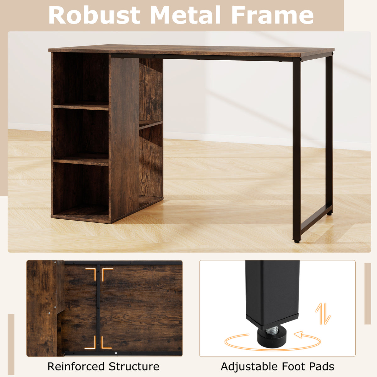 115 CM Computer Desk with 5 Storage Compartments-Brown
