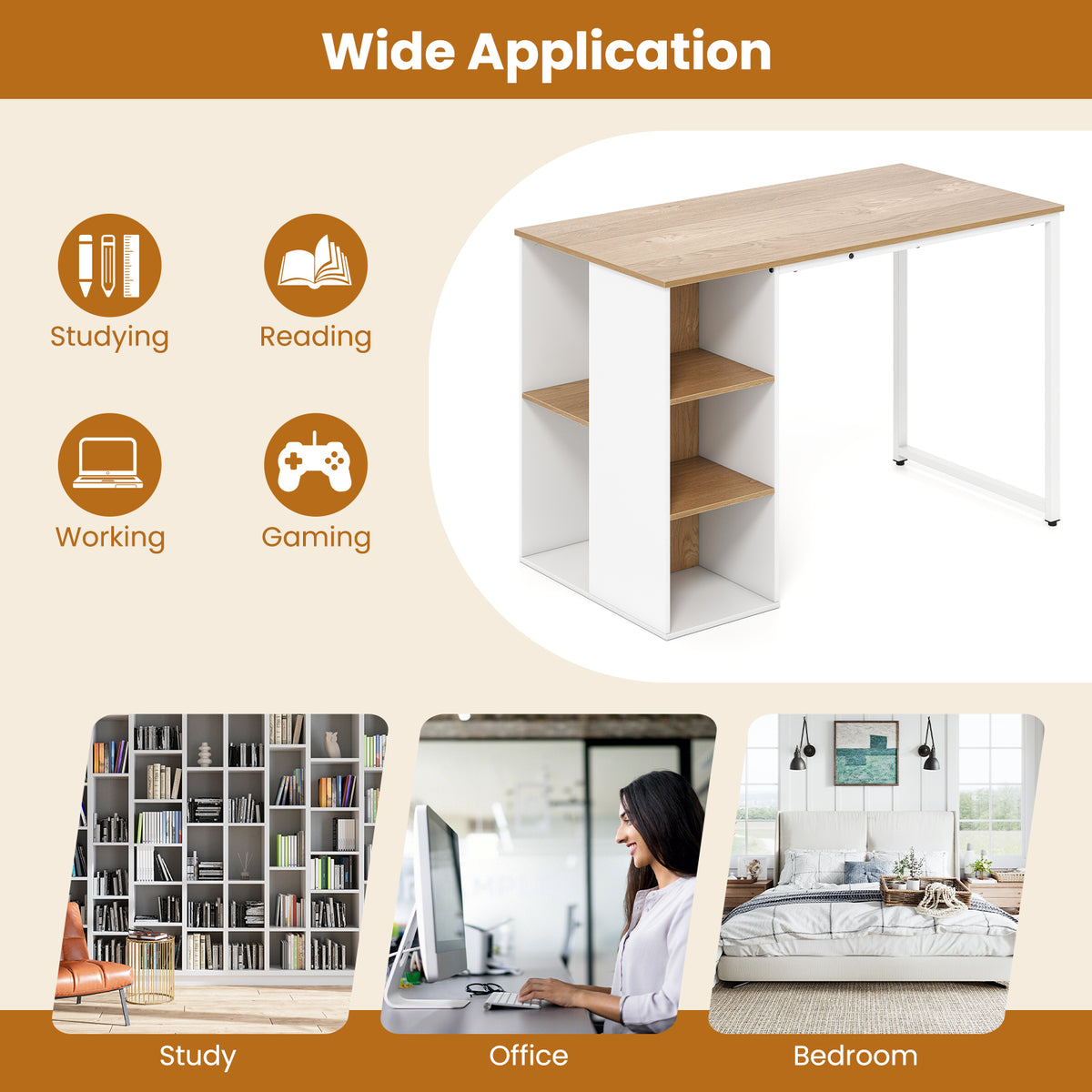 This office desk is suitable for studying, reading, working, and gaming in various rooms