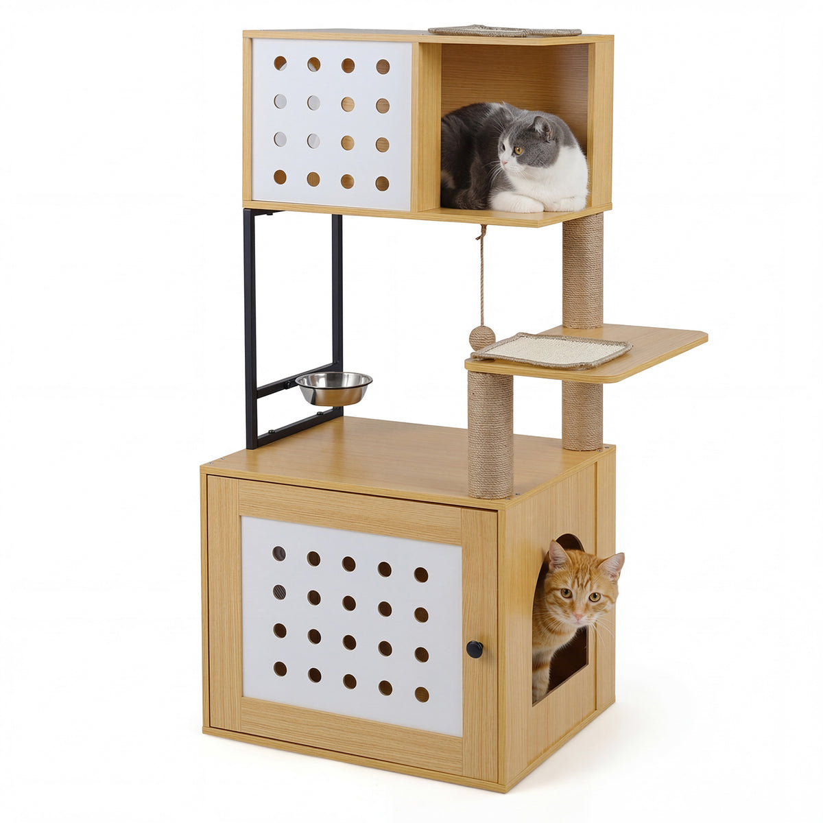 117.5 cm Modern Cat Tower Cabinet with Sisal Scratching Posts and Hanging Ball-Natrual