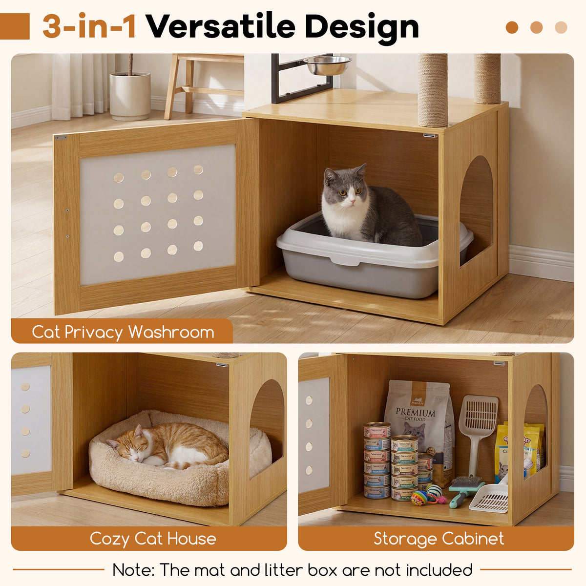 117.5 cm Modern Cat Tower Cabinet with Sisal Scratching Posts and Hanging Ball-Natrual