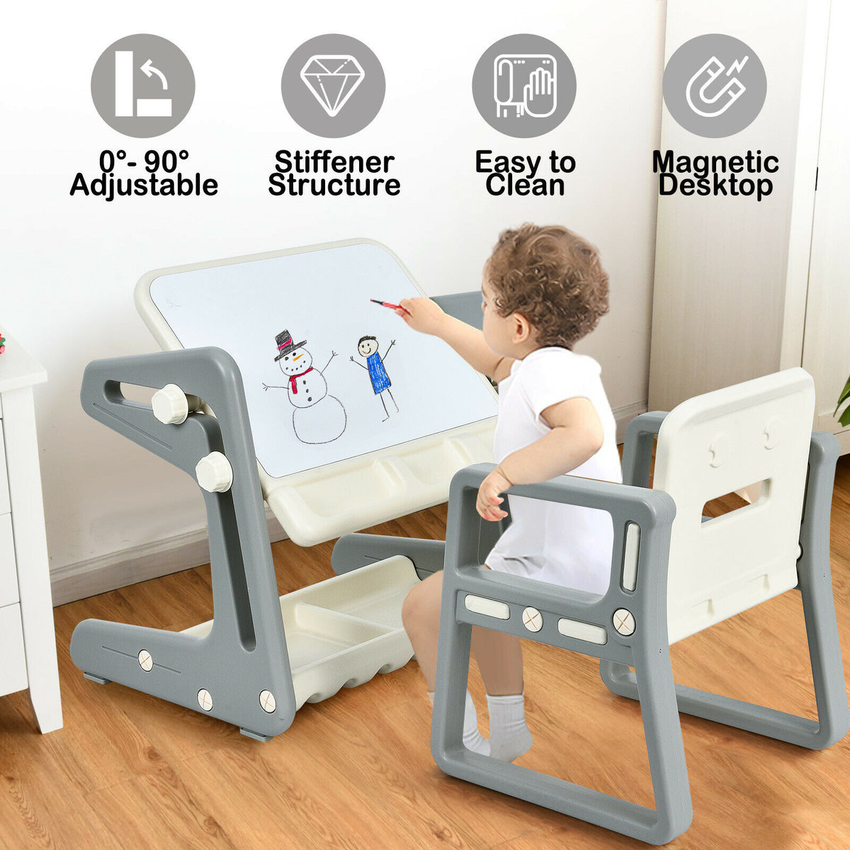 Children's Art Easel / Table and Chair Set with Ample Storage Space-Grey