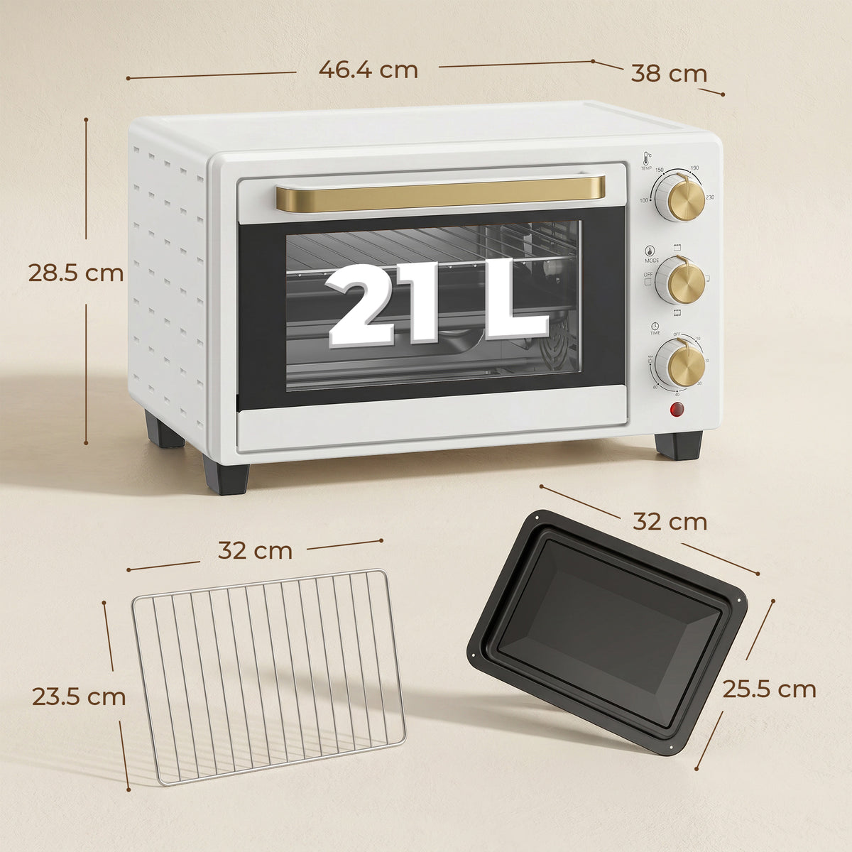 HOMCOM 21L Mini Countertop Oven, a size diagram of the white small kitchen appliance showing its dimensions