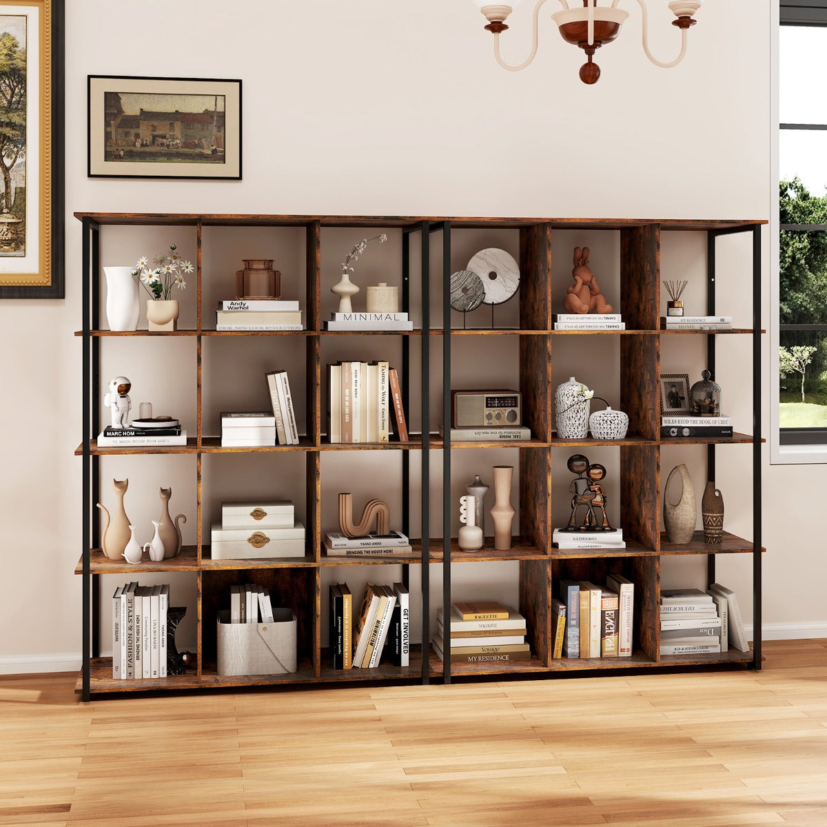 Industrial Open Shelf Display Rack with 2 Anti-tipping Kits for Living Room Bedroom Study-Rustic Brown