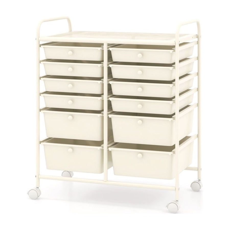 12 Drawers Rolling Storage Cart with 4 Wheels and Brakes-White