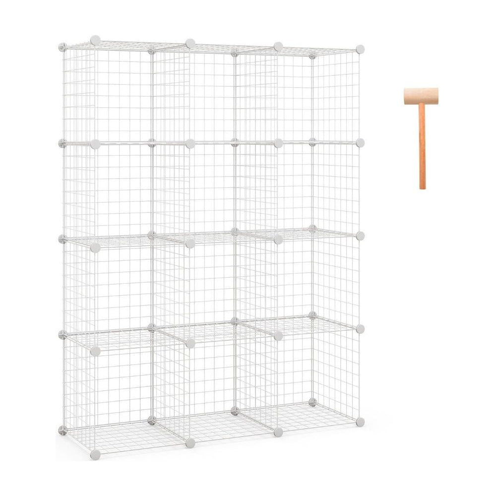 12 Wire Cube Storage Unit in white, shown assembled with a small hammer tool