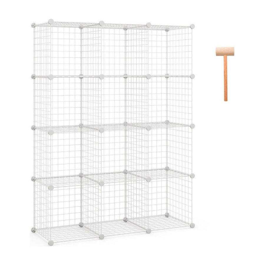 12 Wire Cube Storage Unit in white, shown assembled with a small hammer tool