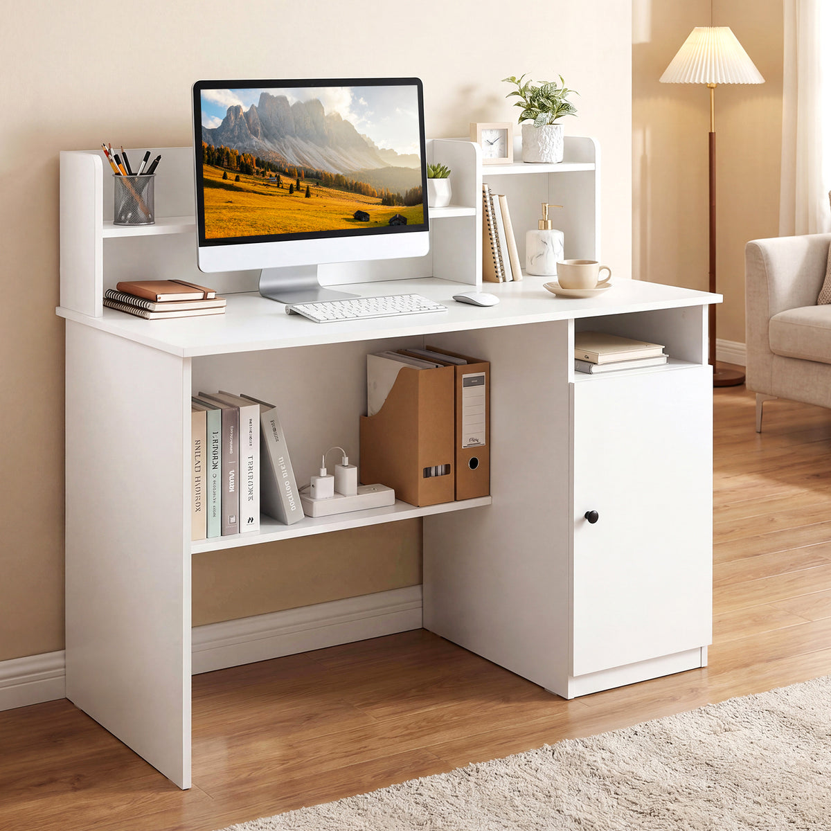 120 CM Computer Desk with Monitor Stand and Storage Cabinet-White