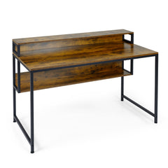 120 CM Office Desk with Monitor Stand Computer Desk with Storage Shelf and Metal Frame-Rustic Brown