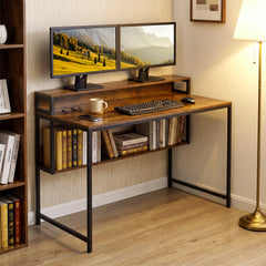 120 CM Office Desk with Monitor Stand Computer Desk with Storage Shelf and Metal Frame-Rustic Brown