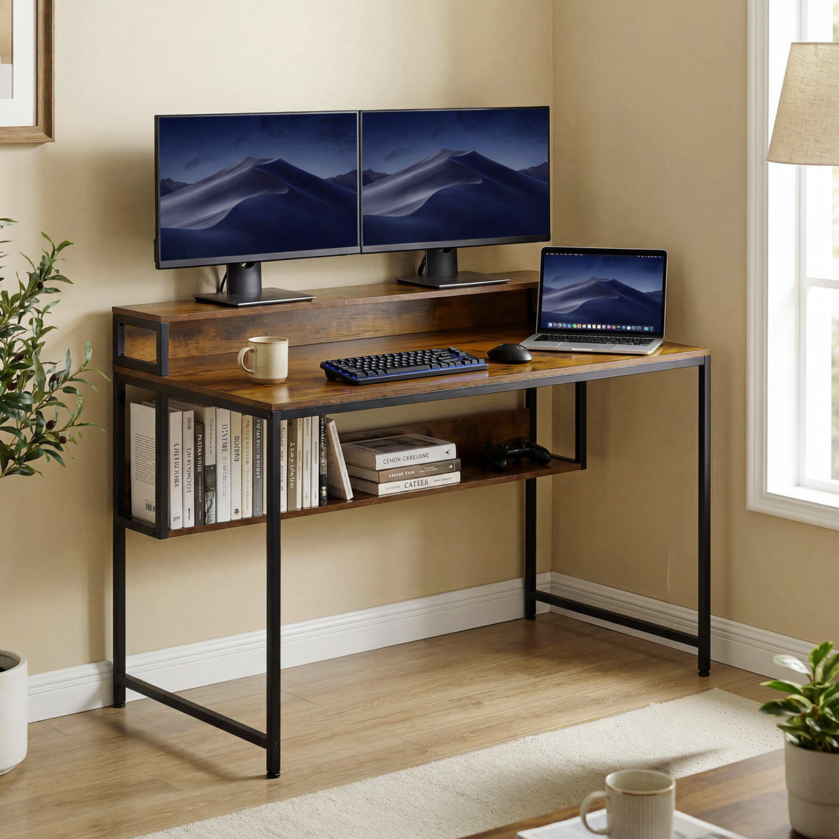 120 CM Office Desk with Monitor Stand Computer Desk with Storage Shelf and Metal Frame-Rustic Brown