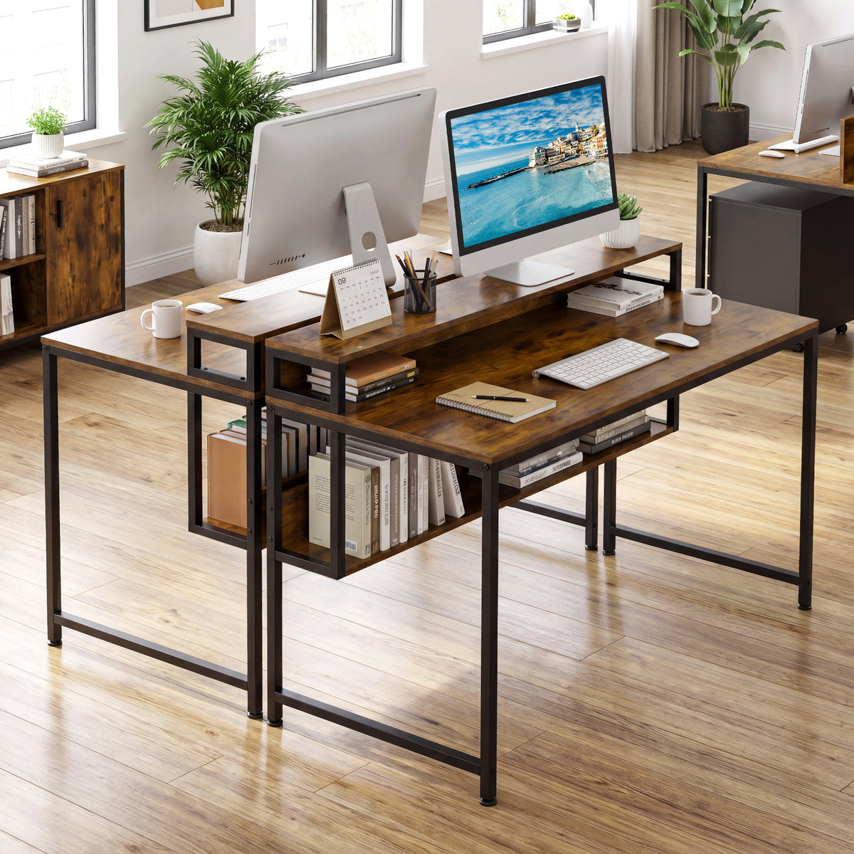 120 CM Office Desk with Monitor Stand Computer Desk with Storage Shelf and Metal Frame-Rustic Brown