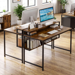 120 CM Office Desk with Monitor Stand Computer Desk with Storage Shelf and Metal Frame-Rustic Brown