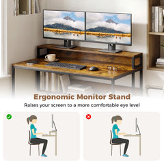 120 CM Office Desk with Monitor Stand Computer Desk with Storage Shelf and Metal Frame-Rustic Brown