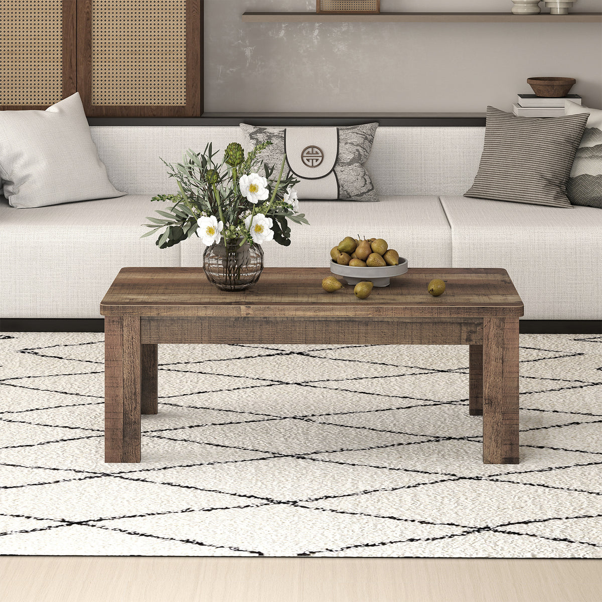 120 cm Farmhouse Coffee Table with Spacious Tabletop-Brown
