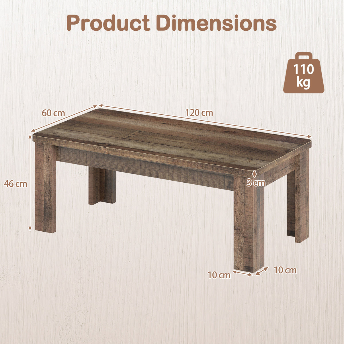 120 cm Farmhouse Coffee Table with Spacious Tabletop-Brown