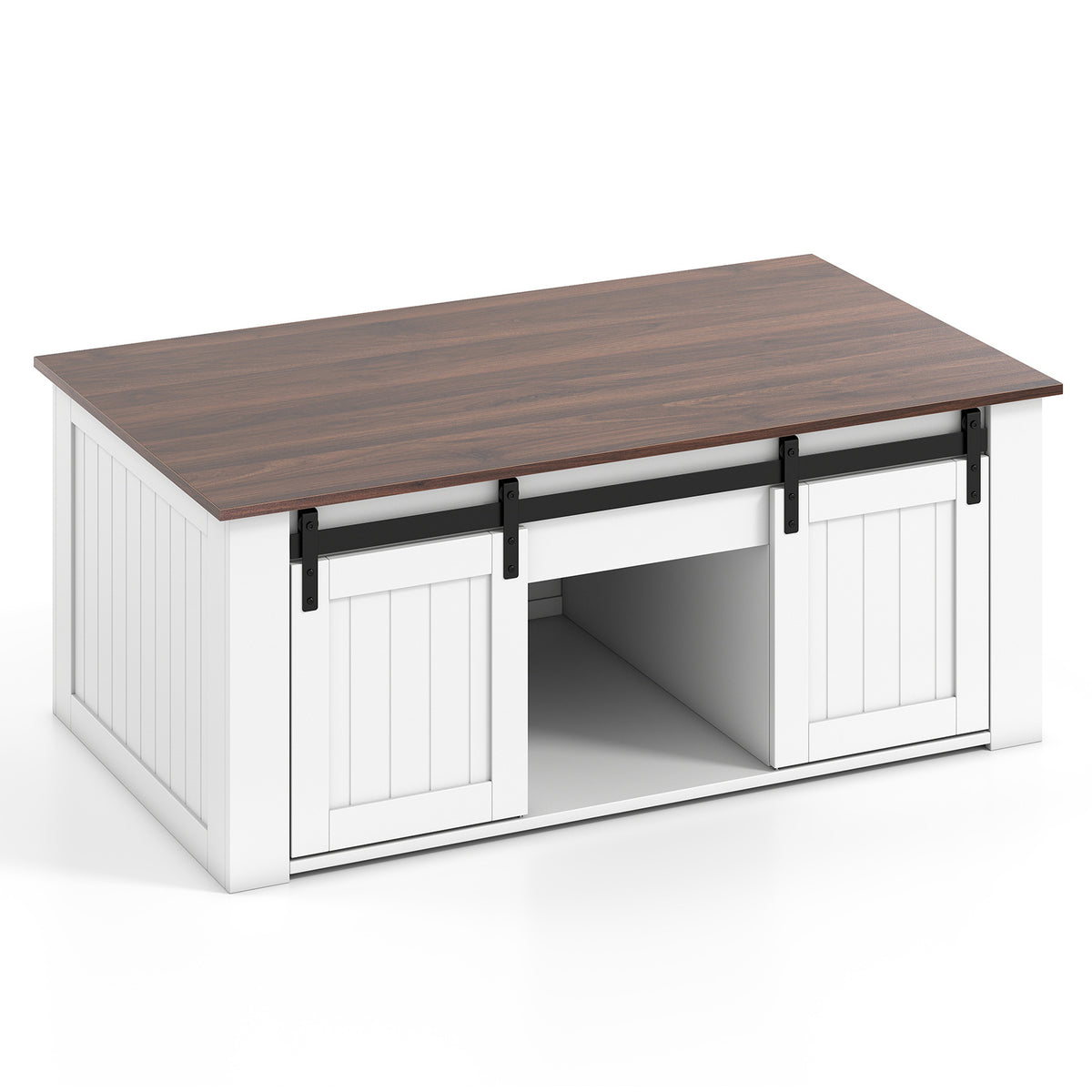 120 cm Lift Top Coffee Table with Barn Sliding Doors and Cabinets for Living Room-White