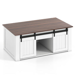 120 cm Lift Top Coffee Table with Barn Sliding Doors and Cabinets for Living Room-White