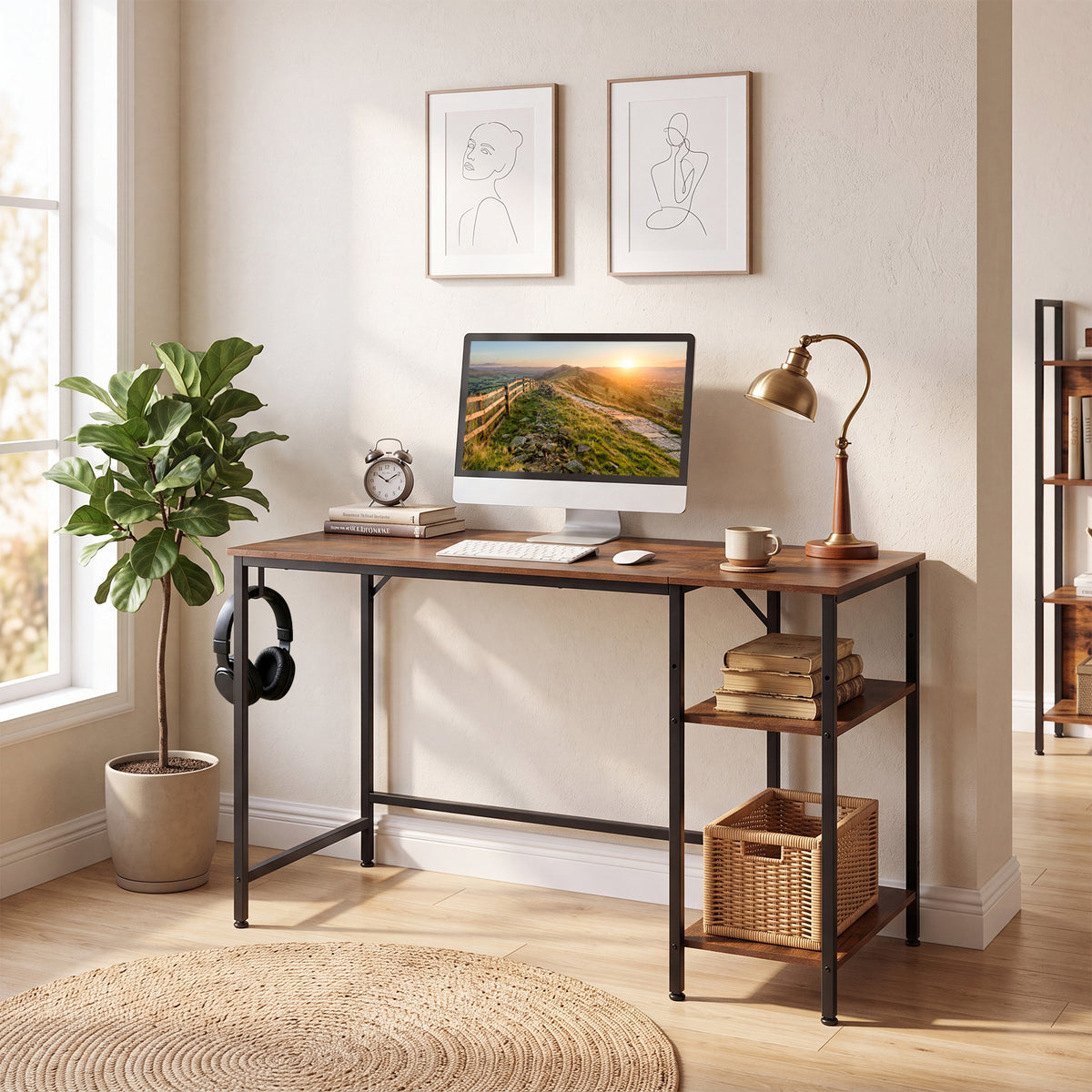 120 cm Reversible Home Office Desk with Headphone Hook and Shelves-Rustic Brown