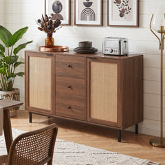 120 cm Sideboard Buffet Cabinet with Storage 2 Rattan Doors and 3 Drawers-Brown