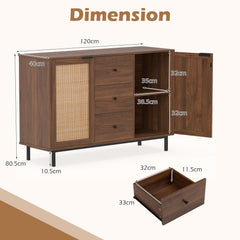 120 cm Sideboard Buffet Cabinet with Storage 2 Rattan Doors and 3 Drawers-Brown