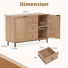 120 cm Sideboard Buffet Cabinet with Storage 2 Rattan Doors and 3 Drawers-Natrual