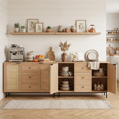 120 cm Sideboard Buffet Cabinet with Storage 2 Rattan Doors and 3 Drawers-Natrual