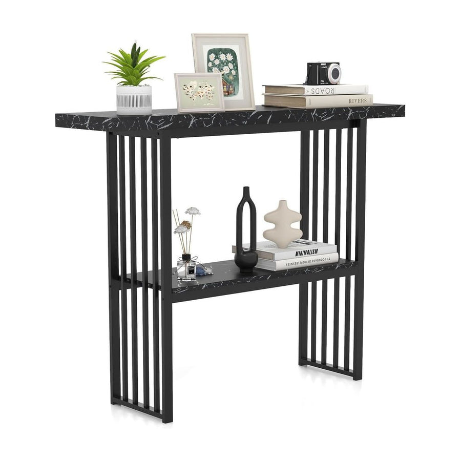 120 cm Long Narrow Console Table with faux marble top and black metal frame