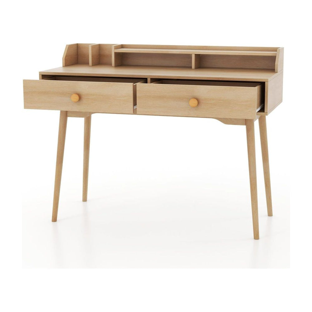 120 CM Writing Desk with hutch and drawers in natural wood finish, front view with drawers open
