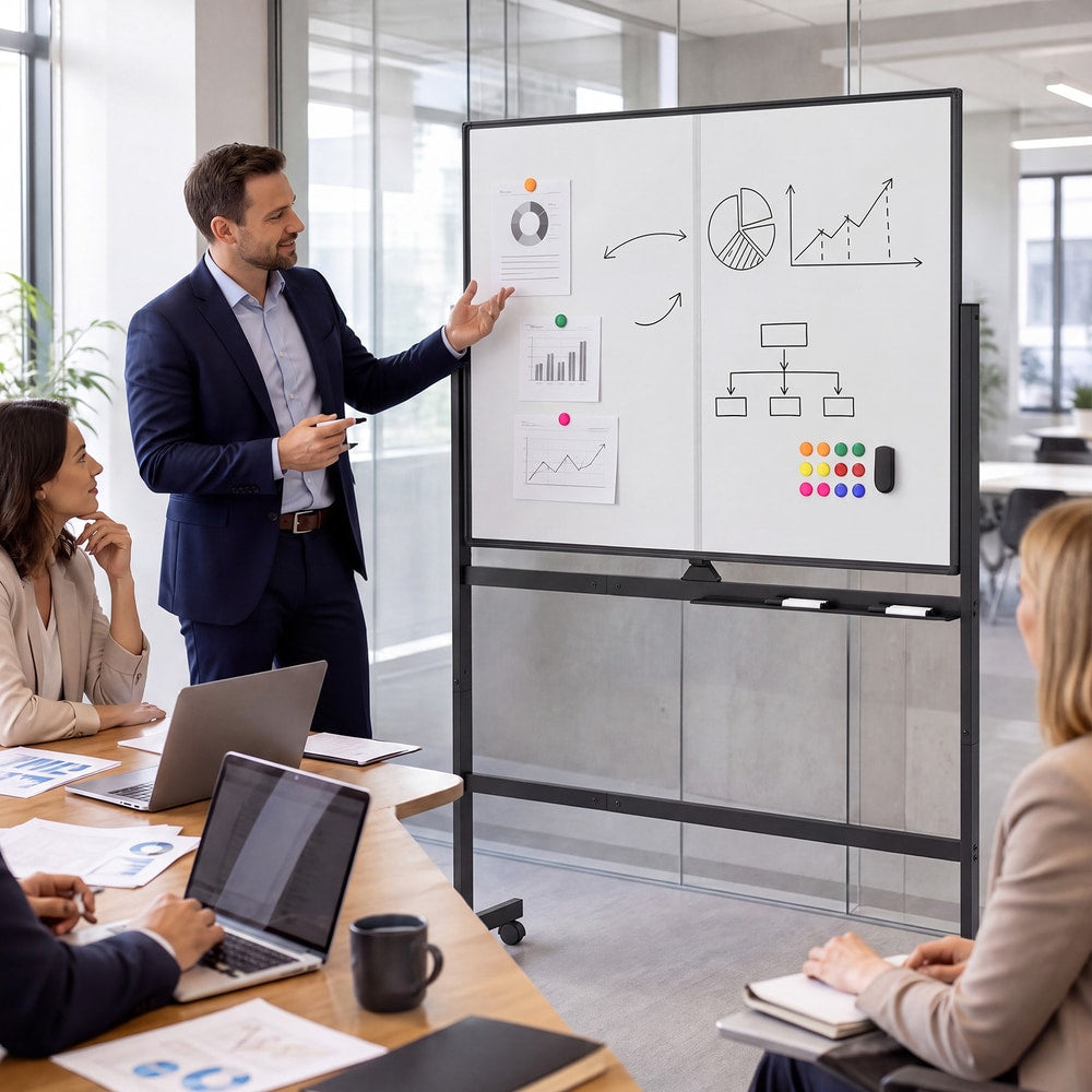 the magnetic presentation board standing in a professional meeting room with colleagues