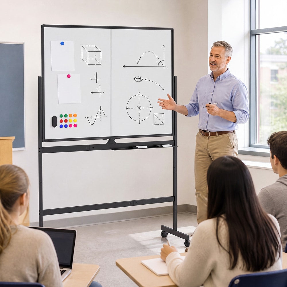The double-sided magnetic whiteboard in a classroom setting with a teacher presenting