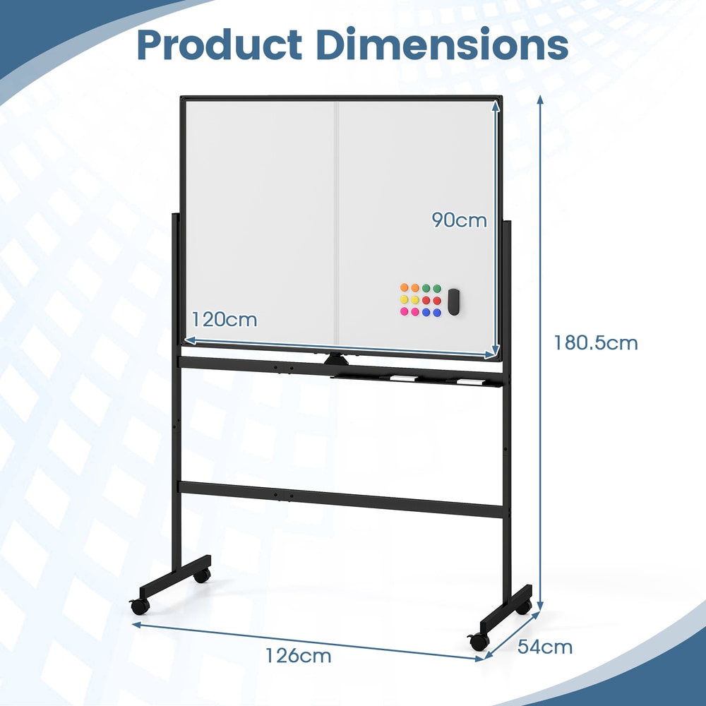 Product dimensions diagram showing the height width and depth of the mobile whiteboard