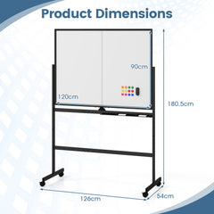 Product dimensions diagram showing the height width and depth of the mobile whiteboard