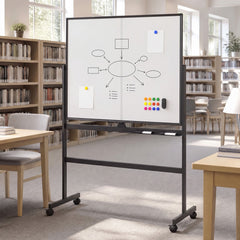 The magnetic whiteboard in a library setting with books on shelves in the background