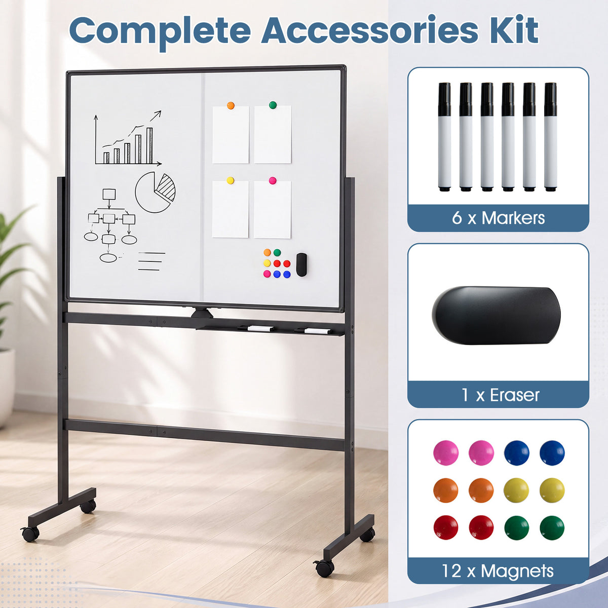 Complete accessories kit for the magnetic whiteboard including markers eraser and magnets