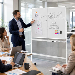 A man in a suit presents a chart on the double-sided magnetic whiteboard in a meeting room