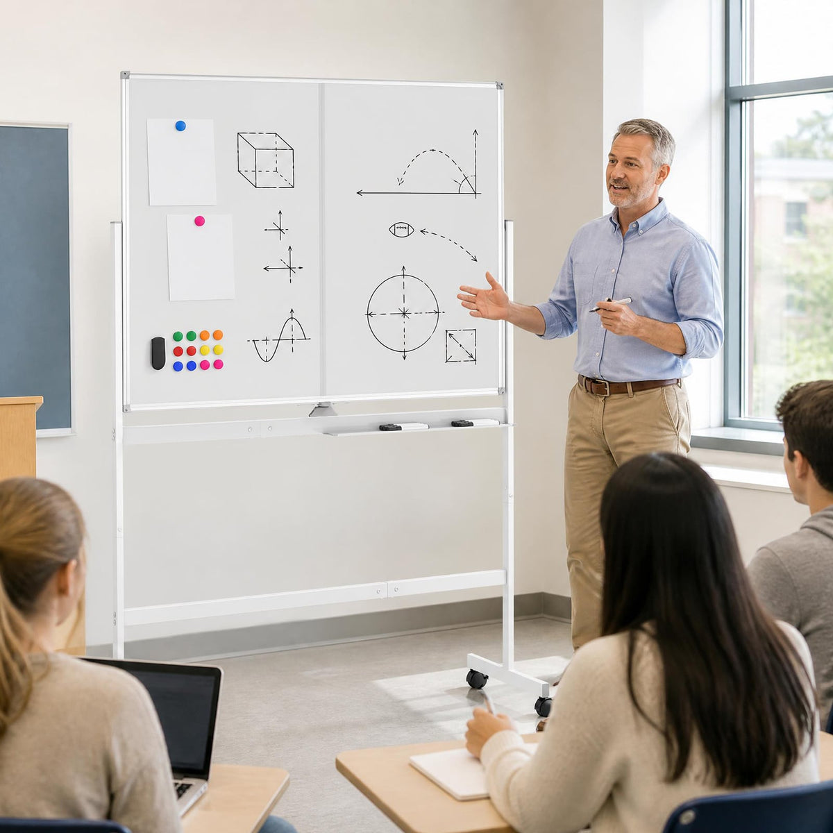 A teacher explains a diagram on the mobile whiteboard to students in a classroom