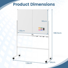 Product dimensions diagram showing the height, width and depth of the mobile whiteboard