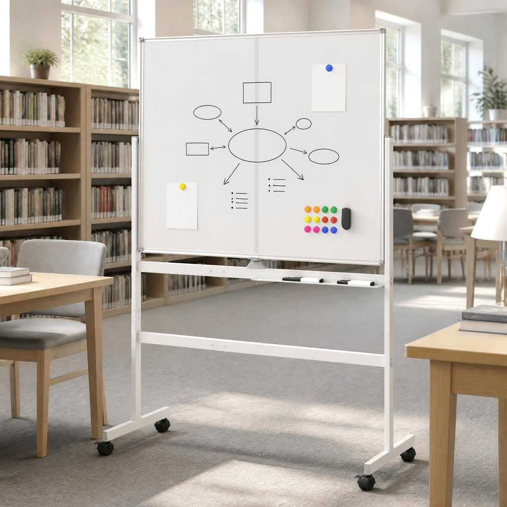 The mobile whiteboard is set up in a library with books in the background