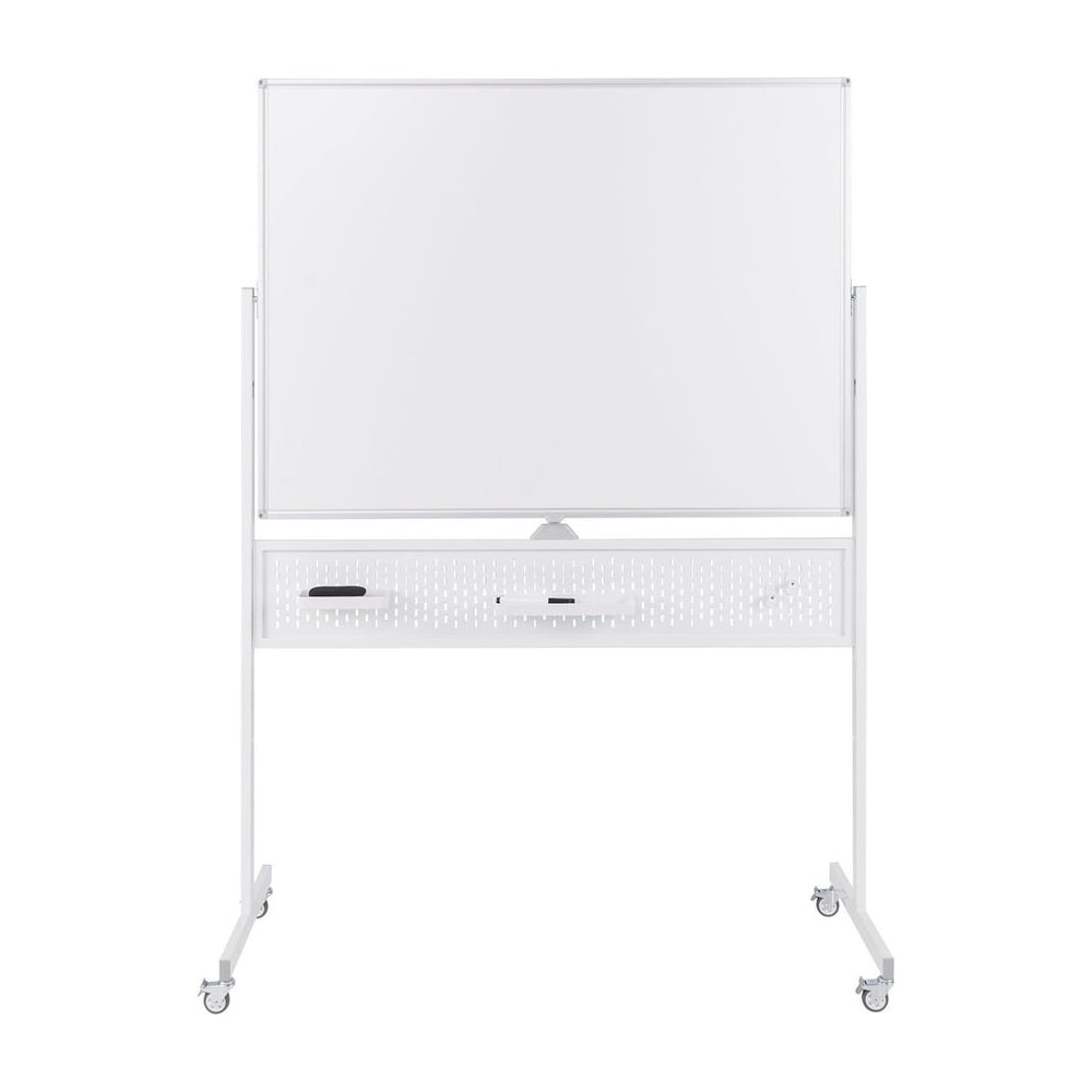 Double-Sided Dry Erase Mobile Board with Stand shown from the front with a white frame and wheels