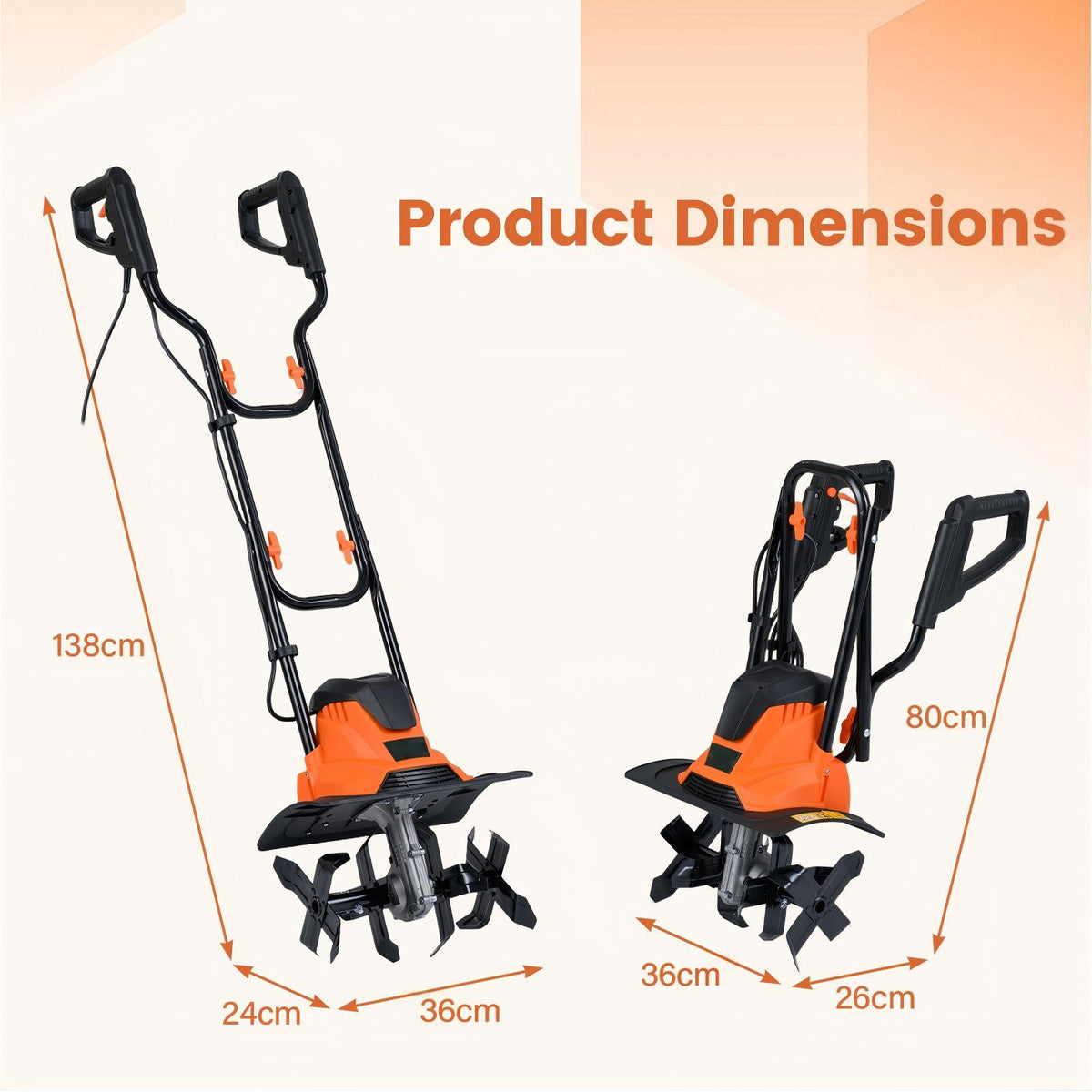 1200W Powerful Foldable Garden Rototiller for Lawn Soil Digging-Orange