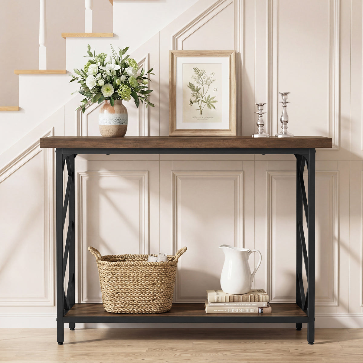 120CM Narrow Console Table 2-Tier Metal Frame with Open Storage Shelf-Rustic Brown