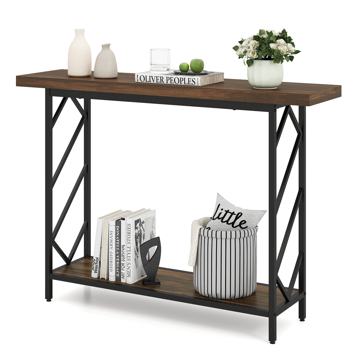 120CM Narrow Console Table 2-Tier Metal Frame with Open Storage Shelf-Rustic Brown