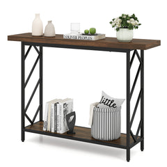120CM Narrow Console Table 2-Tier Metal Frame with Open Storage Shelf-Rustic Brown