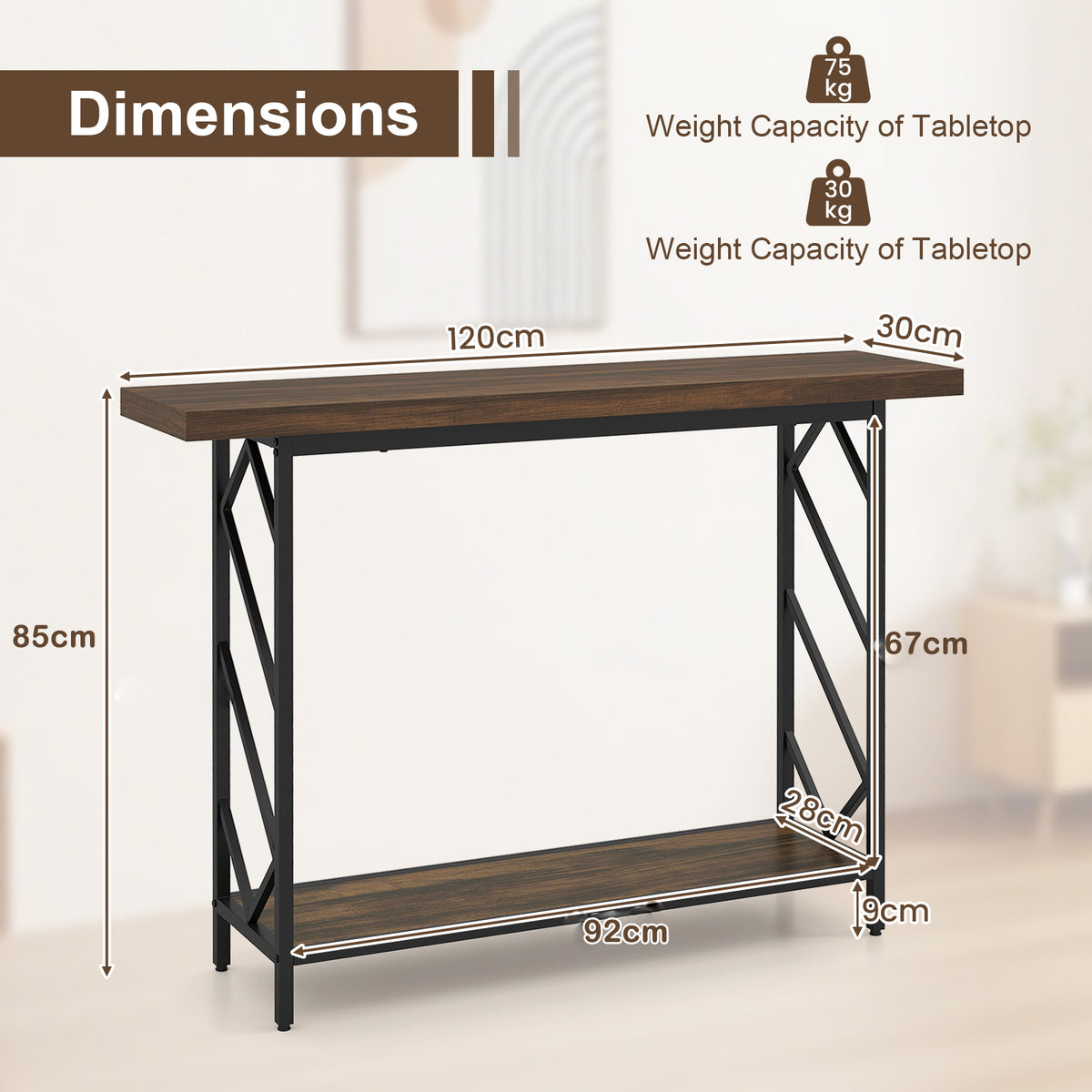 120CM Narrow Console Table 2-Tier Metal Frame with Open Storage Shelf-Rustic Brown