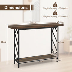 120CM Narrow Console Table 2-Tier Metal Frame with Open Storage Shelf-Rustic Brown