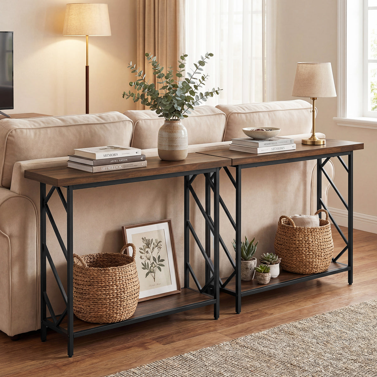 120CM Narrow Console Table 2-Tier Metal Frame with Open Storage Shelf-Rustic Brown