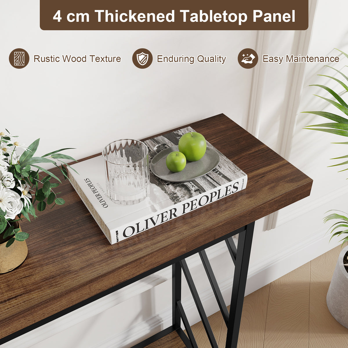 120CM Narrow Console Table 2-Tier Metal Frame with Open Storage Shelf-Rustic Brown