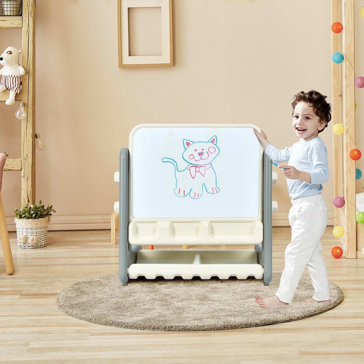 Children's Art Easel / Table and Chair Set with Ample Storage Space-Grey