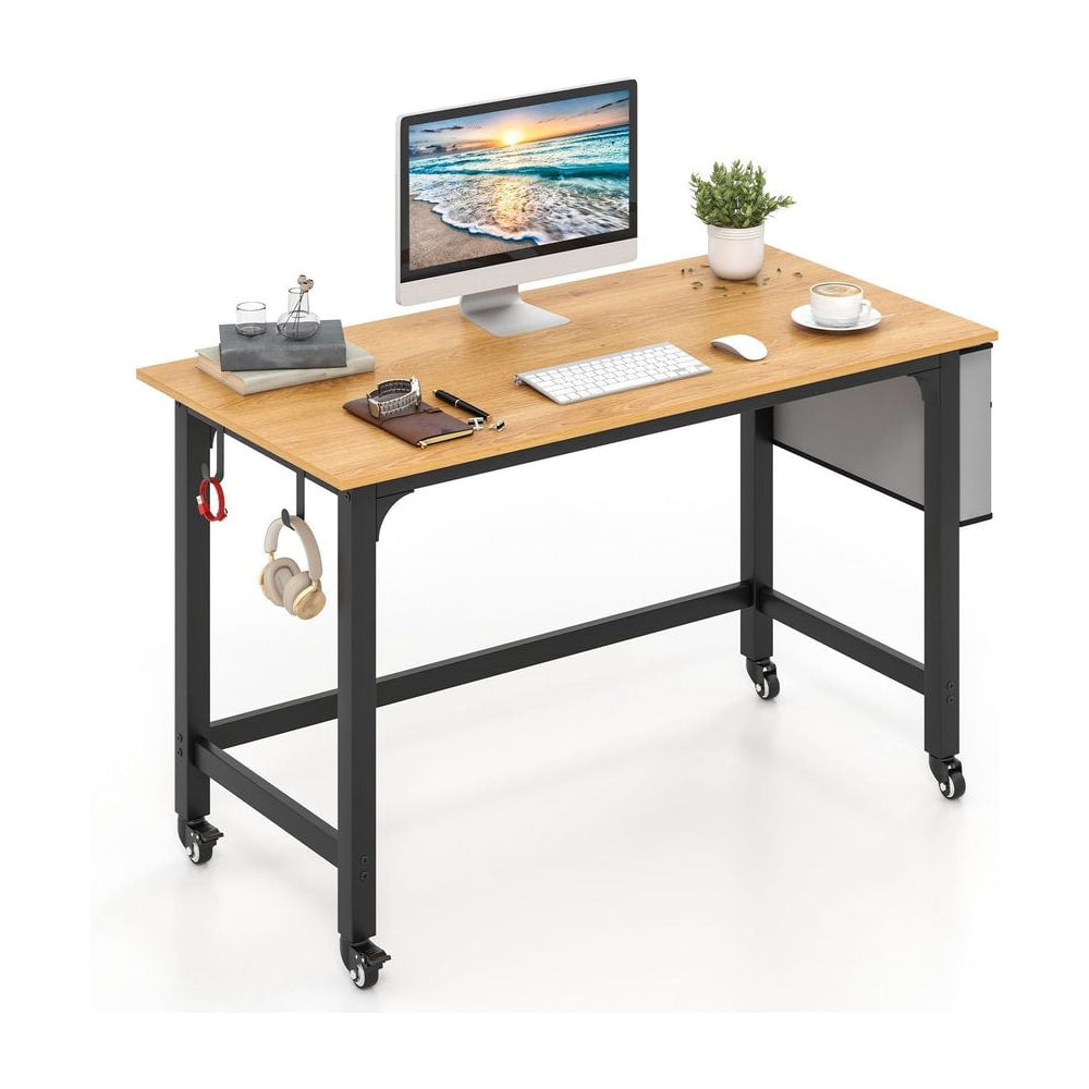 120cm Mobile Computer Desk with storage bag and headphone hooks in natural wood finish
