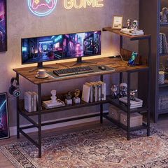 122.5 CM Computer Desk with Power Outlets & Storage Shelves and Headphone Hook for Working-Rustic Brown